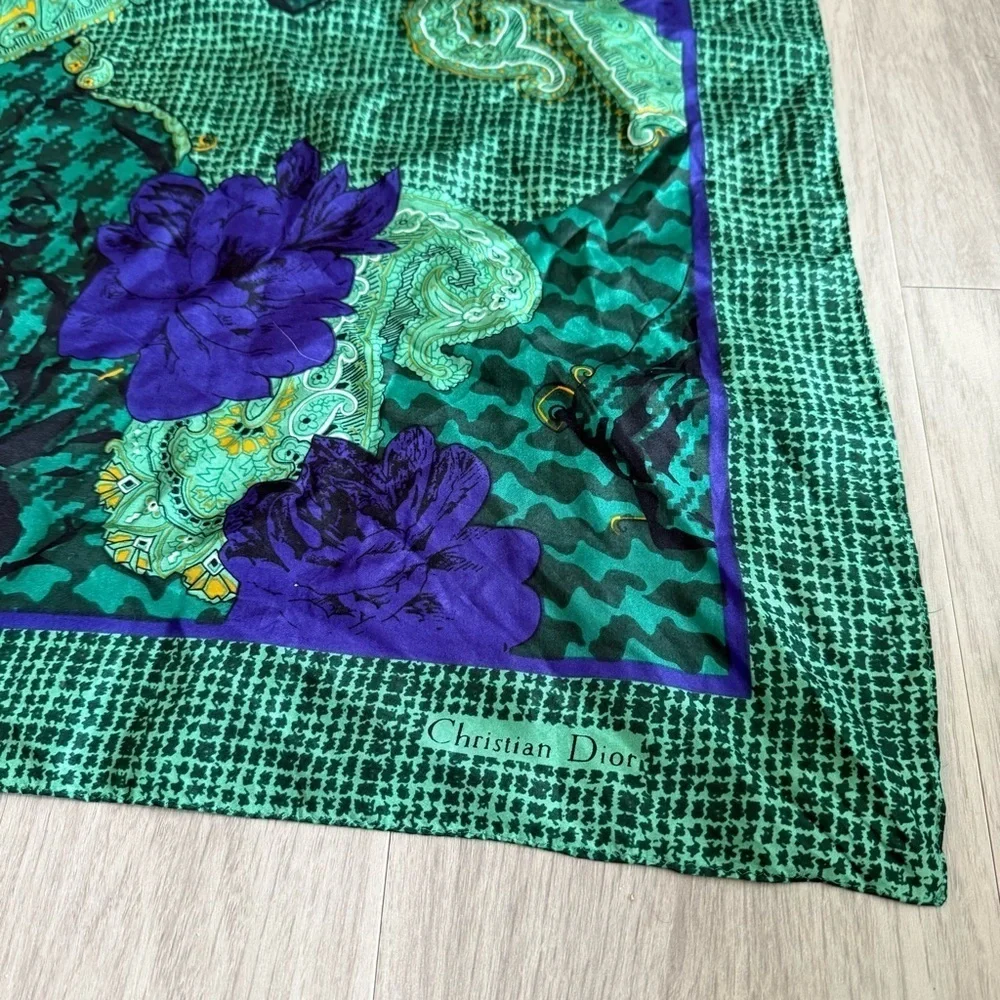 Vintage Christian Dior Paisley Printed Green Scarf